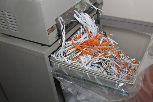 A close-up view of a paper shredder with a partially open collection bin filled with shredded paper, including white, orange, and green paper strips. The shredder is positioned on a flat surface inside an office or commercial environment, with the top feeding tray visible. The shredded paper appears to be a mix of different colours and textures, with some strips hanging over the edge of the bin. The area around the shredder is neutral, with no other objects or background details visible, emphasizing the focus on the shredded waste materials ready for disposal or collection by a professional rubbish removal service such as Commercial Waste Milton Keynes, serving local businesses in the MK postcode area to support efficient waste management.